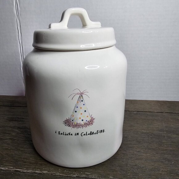 Rae Dunn Artisan I Believe In Celebration Birthday Canister Chubby Large HTF - Picture 13 of 13